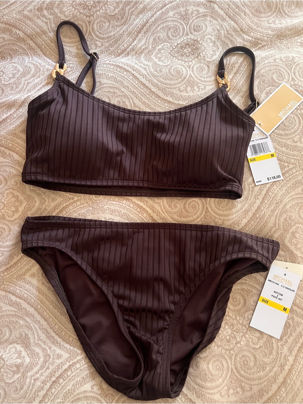 Michael Kors Dark Brown Ribbed Two-Piece Bikini with Gold Accents